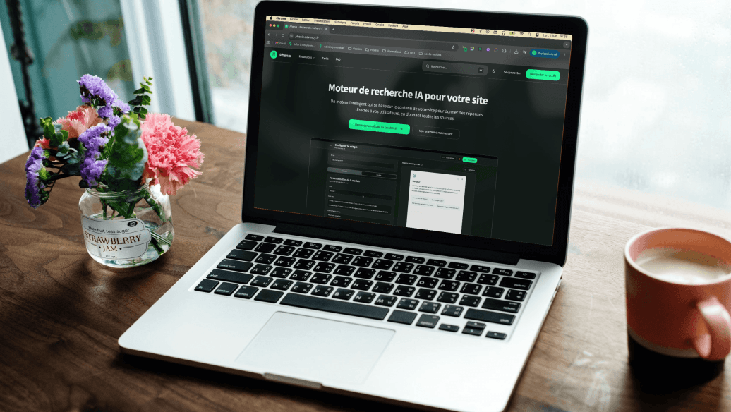 Ordinateur portable ouvert sur un bureau avec fleurs et tasse à côté.