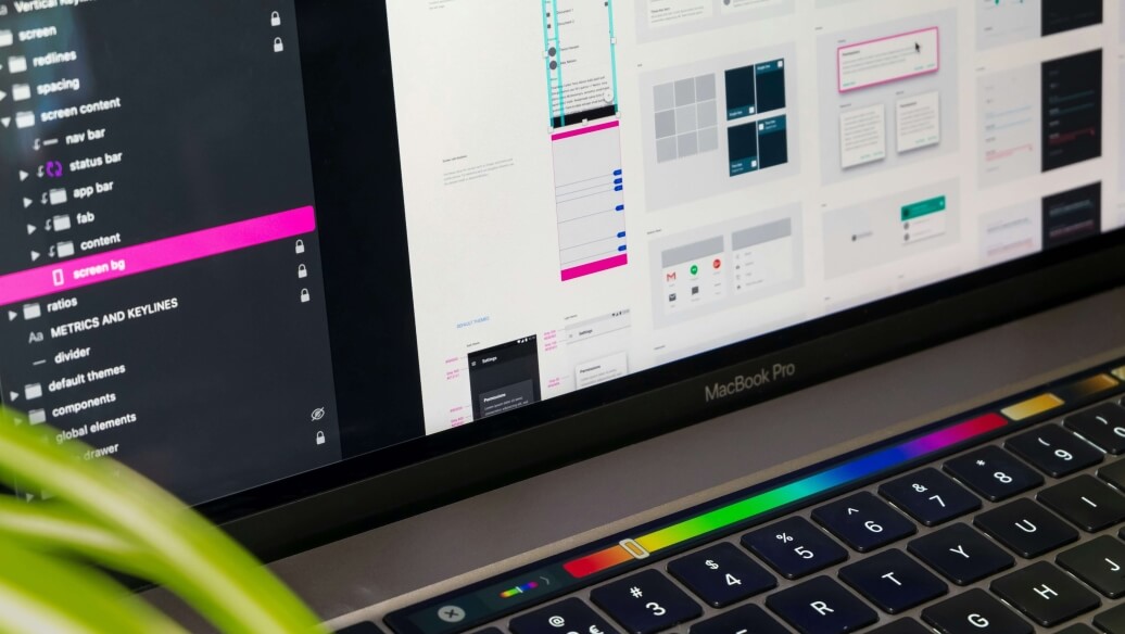 Ordinateur portable affichant des maquettes de design UI, plante verte au premier plan.