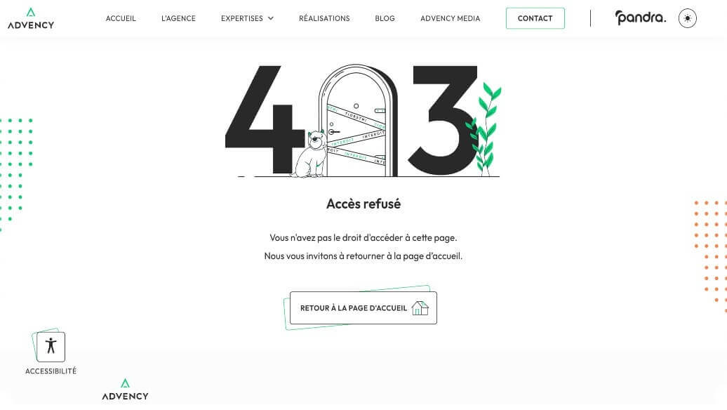 Capture écran du site Advency et sa page d'erreur 403 "Accès refusé", illustration de porte fermée par une chaîne.