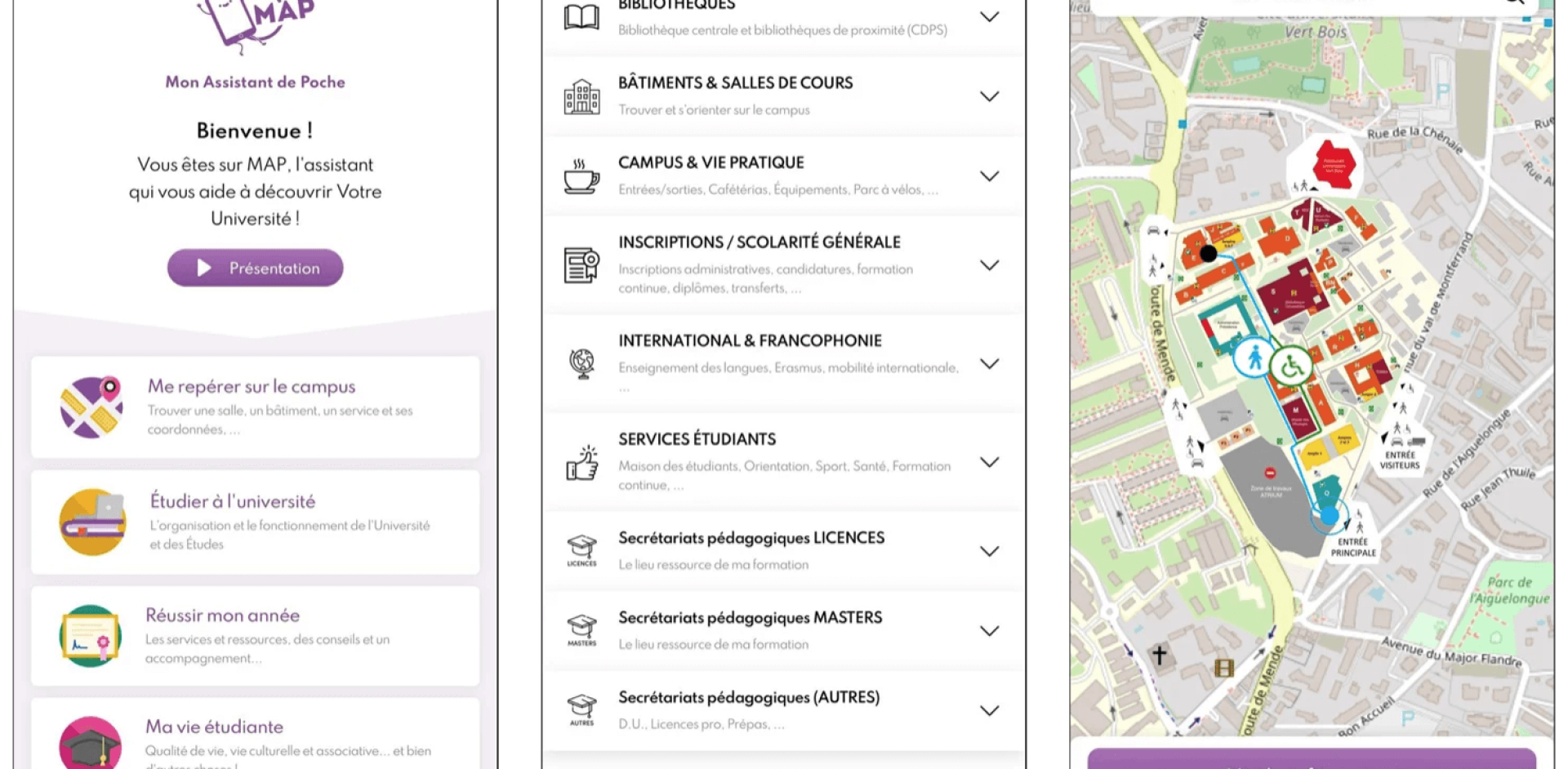 Présentation de différents écran pour l'application MAP