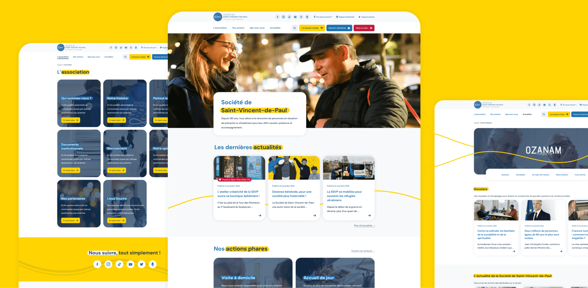 Visuel où sont représentés plusieurs écrans du site d'SSVP, dont la page d'accueil, la page portail de l'association et une page sur l'Ozanam Magazine.