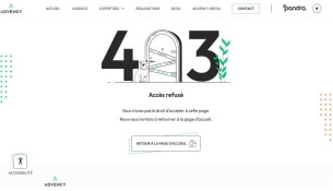 Capture écran du site Advency et sa page d'erreur 403 "Accès refusé", illustration de porte fermée par une chaîne.