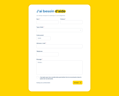 Écran représentant un formulaire pour demander de l'aide sur le nouveau site d'SSVP.
